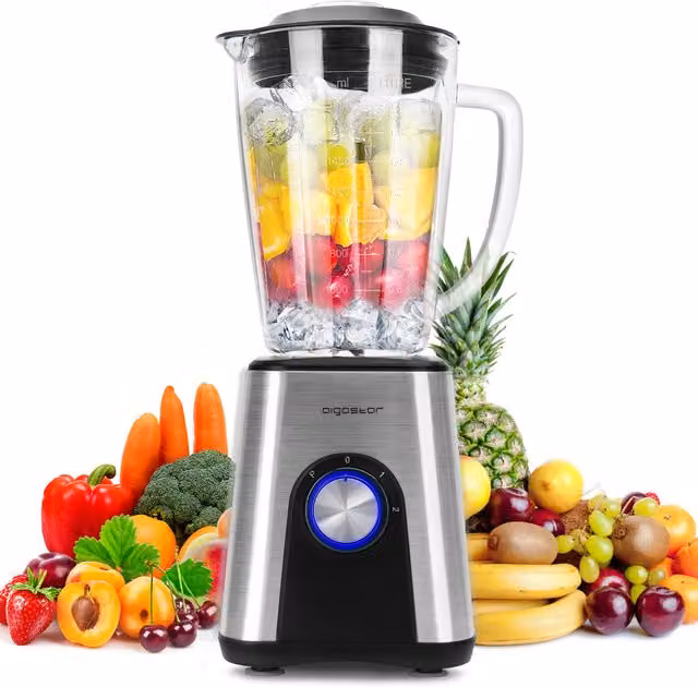 Aigostar High Speed Multi-function Blender and Smoothie Maker in Black and Silver with Glass and Stainless Steel Components