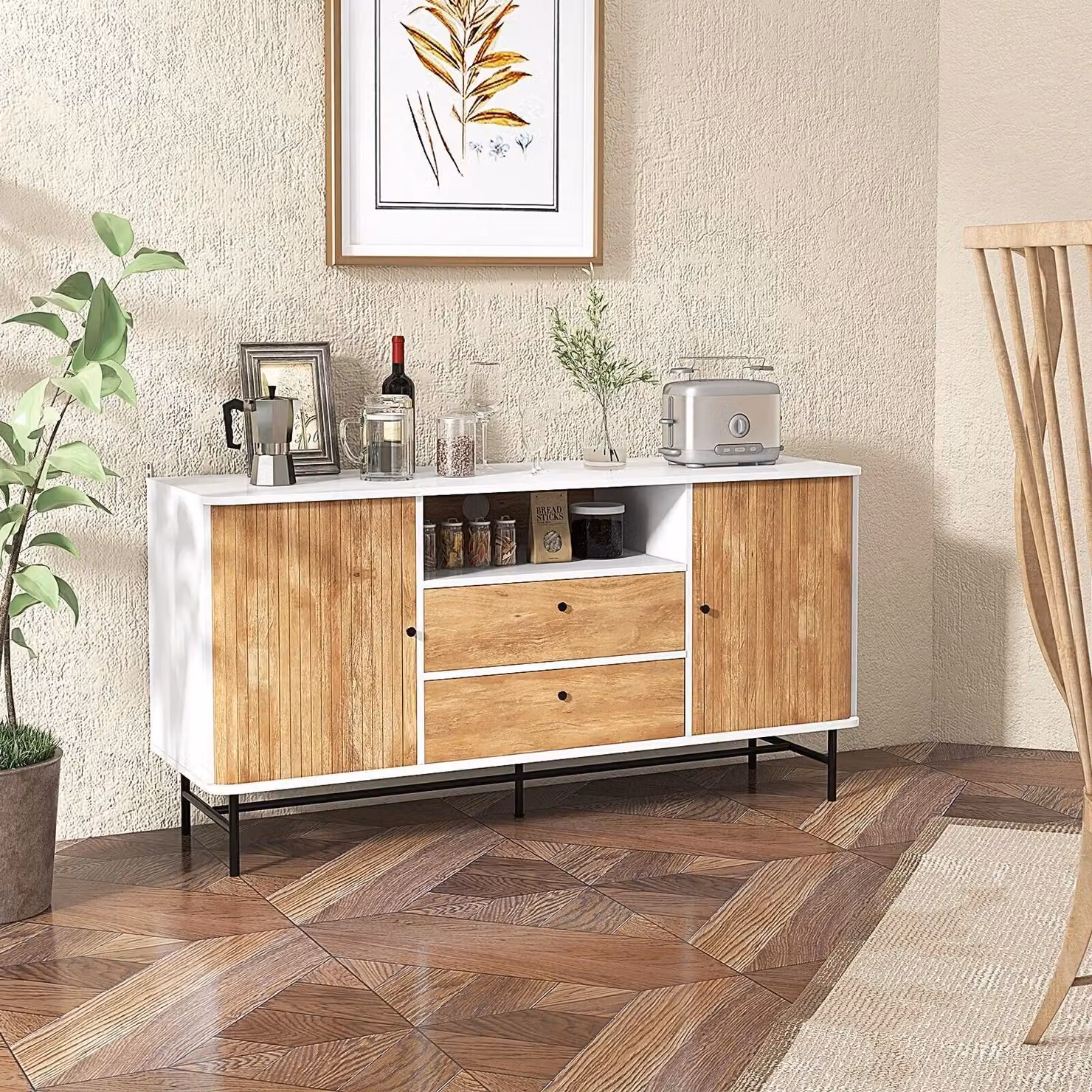 Costway Wooden Buffet Cabinet and Sideboard Bar Station with Sliding Tambour Doors in White – 2