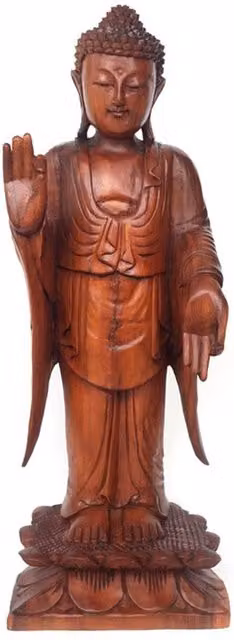 KDMK Handcarved Brown Acacia Wood Standing Buddha Tabletop Statue