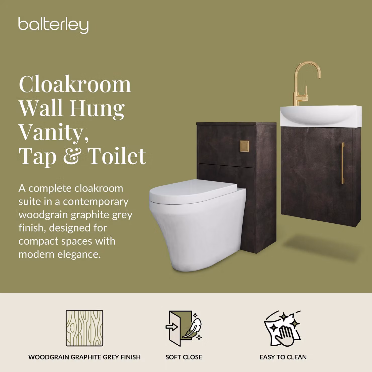 Balterley Grey Cloakroom Suite with Right Hand Vanity, WC, Toilet and Tap Set in Slate Brass, Width: 44 cm – 2