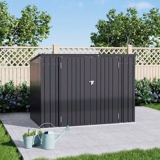 Lifeideas Metal Garden Storage Shed with Hinged Lid and Double Doors, Charcoal Black, W/D/H: 201.17 x 106.68 x 201.17 cm