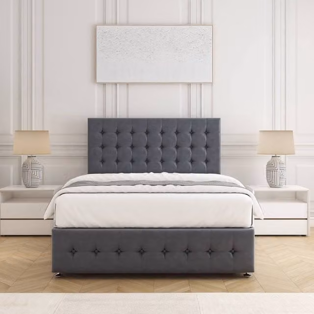 BSSPOKE Eva Divan Bed Set with 24 inch Headboard and Mattress in Grey Plush Velvet, Small Double, W/D/H: 120 x 200 cm