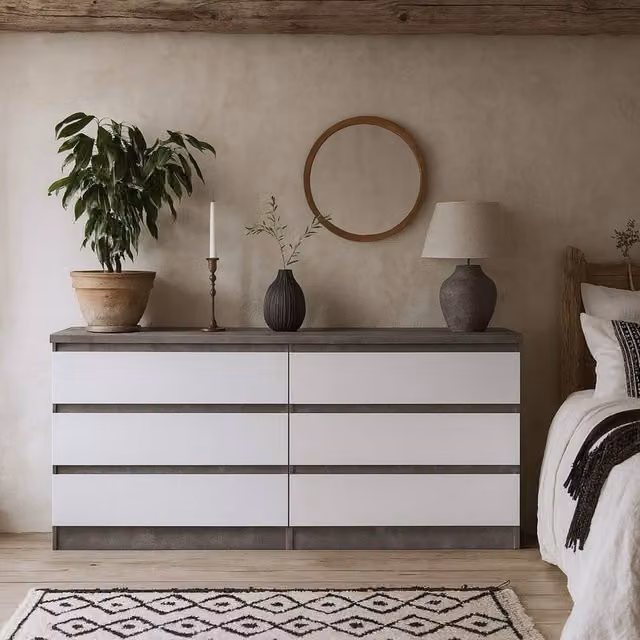 Wyld Haus Budapest Wide 6 Drawer Chest in White and Concrete Effect