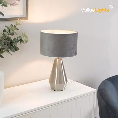 ValueLights Silver Chrome Metal Touch Dimmer Table Lamp with Grey Fabric Cylinder Shade – 2