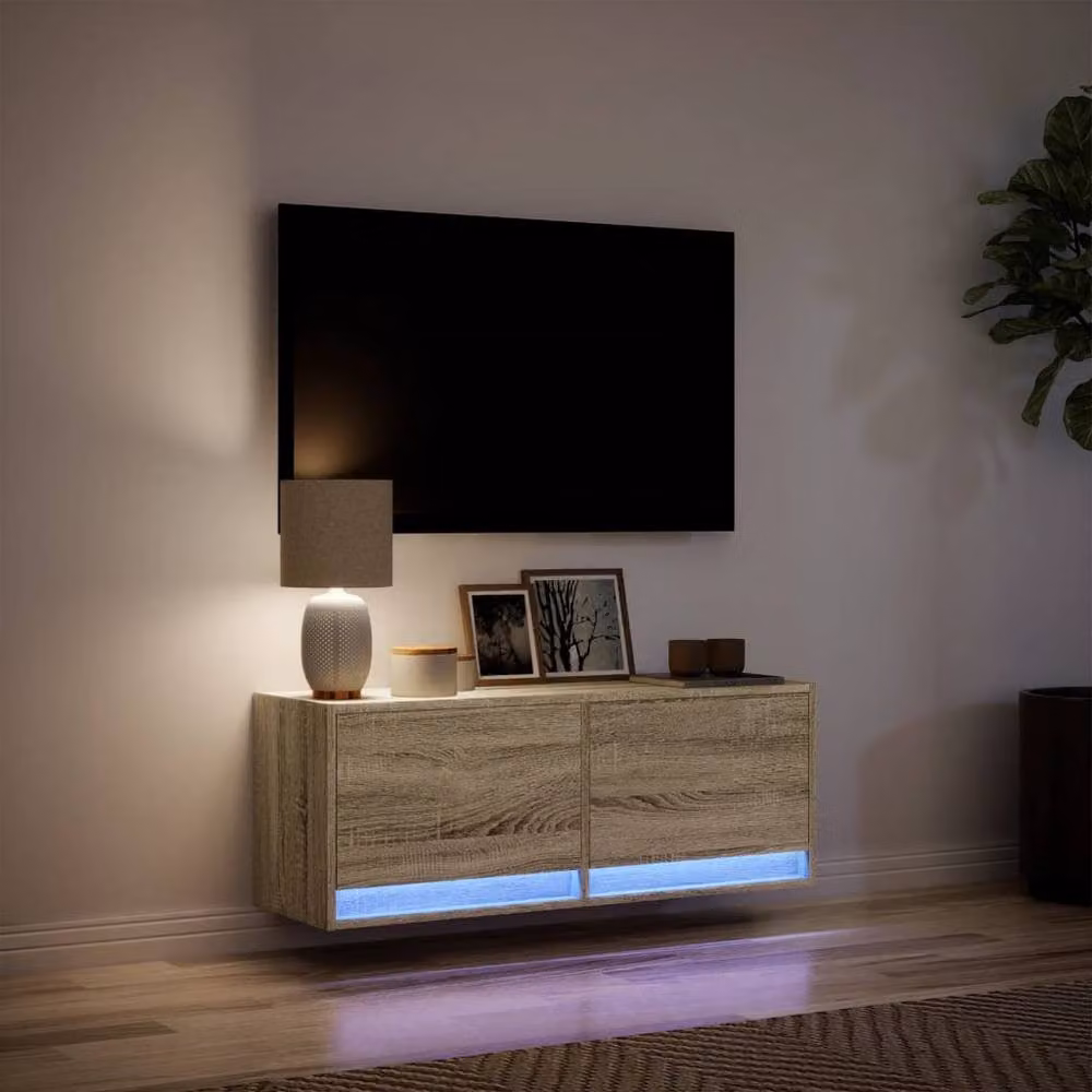 Berkfield Home Wall Mounted TV Cabinet with Integrated LED Lights in Sonoma Oak, Light Brown, W/D/H: 100 x 31 x 35 cm – 3