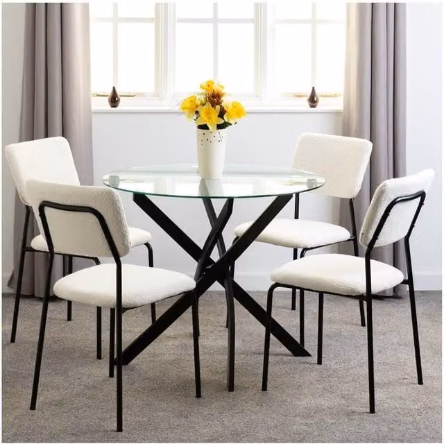 Seconique Sheldon Round Glass Top Dining Set with X-Frame Chairs in Ivory – 1