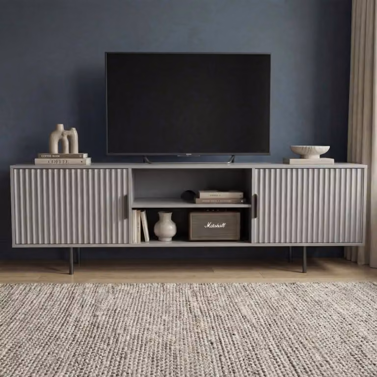 DHS Flutrina Modern Lacquered TV Unit Cabinet in Grey, W: 180 cm, D: 40 cm, H: 55 cm