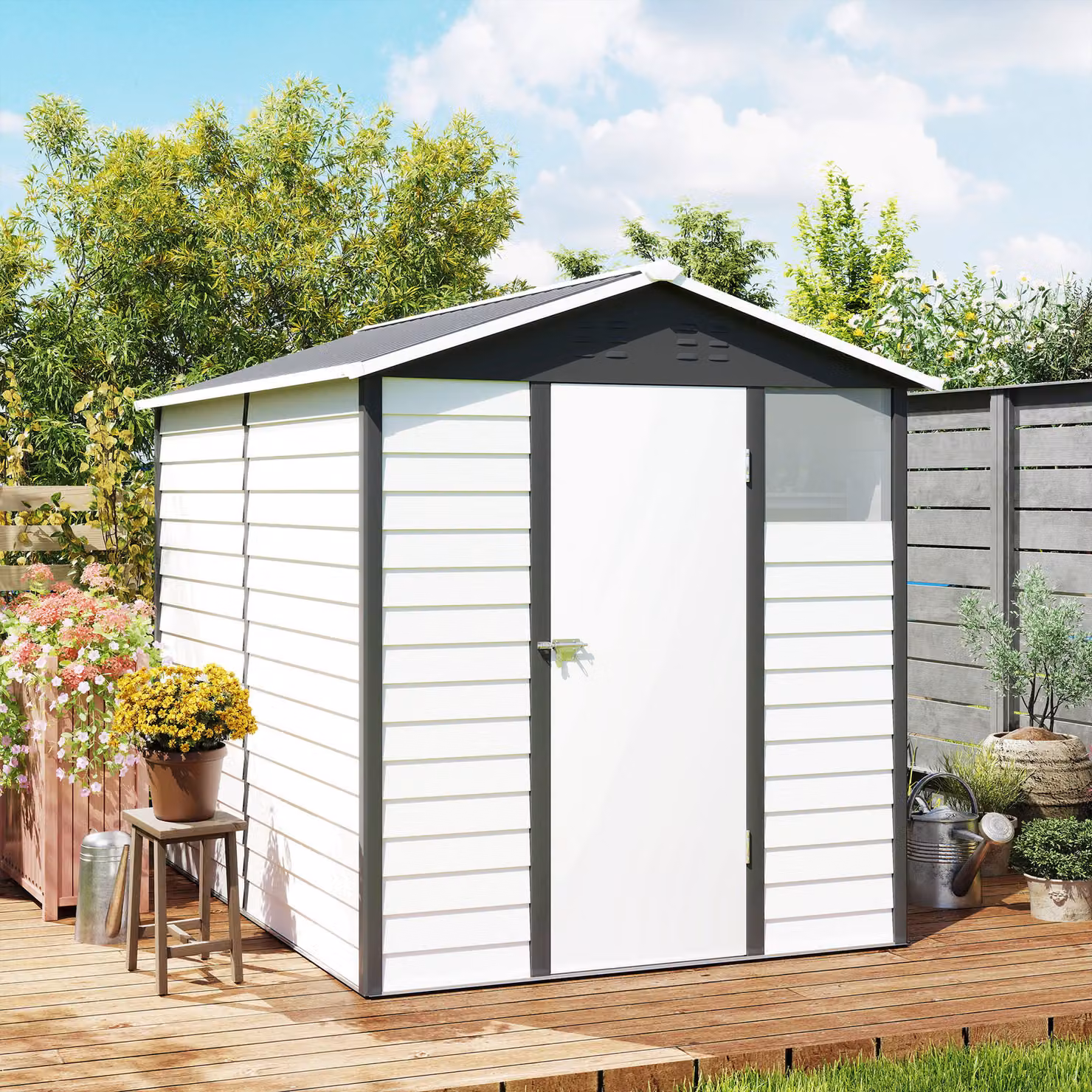 Outsunny Heavy-Duty Galvanised Steel Outdoor Shed with Lockable Door and Sloped Roof, Dark Grey, W: 274.32 cm, D: 187.0 cm, H: 208.0 cm – 6