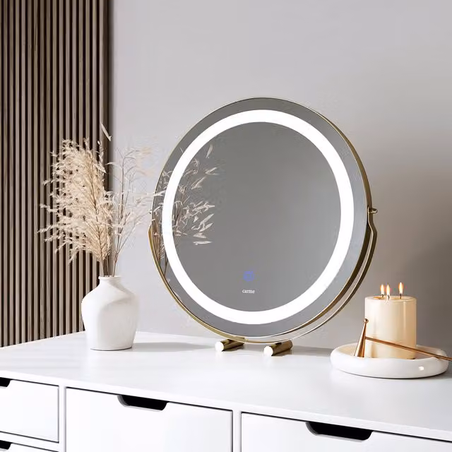 CARME Round LED Light Mirror with Touch Sensor and Dimmable Lighting in Gold