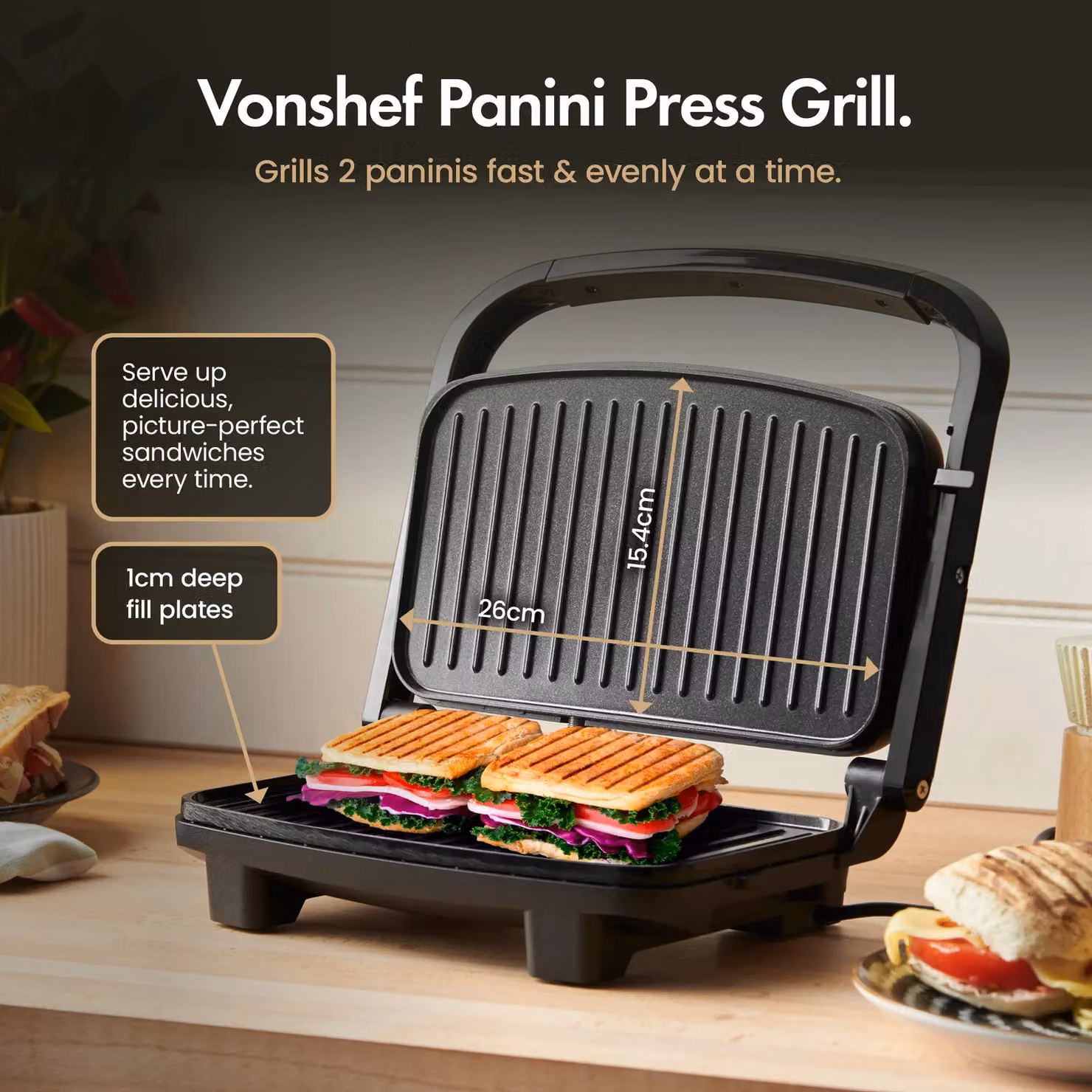 VonShef Two Slice Non-Stick Panini Press Grill in Black with Ceramic Coating and Overheat Protection – 2