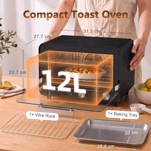 HOMCOM 12L Multifunction Mini Countertop Toaster Oven with Grill and Glass Door, Black – 3