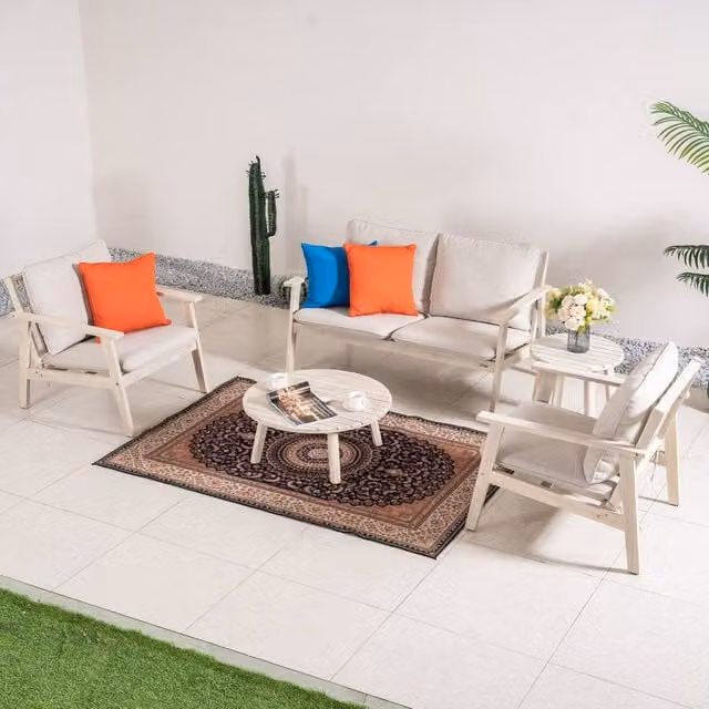 Direct Wicker 4 Piece Outdoor Furniture Set with 2 Seater Sofa and Coffee Table in Beige Acacia Wood