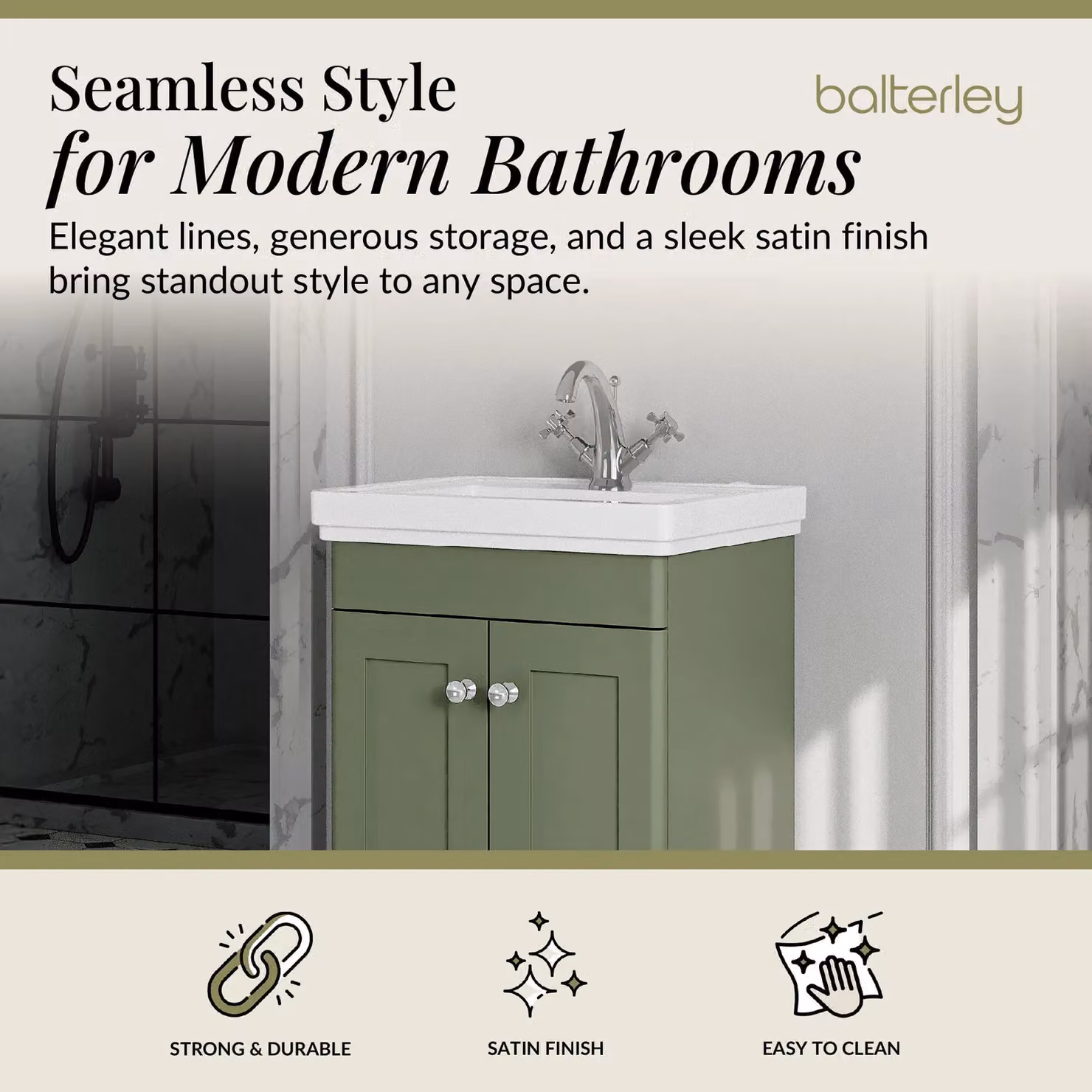 Balterley 2-Door Freestanding Bathroom Floor Vanity Unit and Fireclay Basin in Matt Satin Green, W: 50 cm, H: 86.5 cm – 2