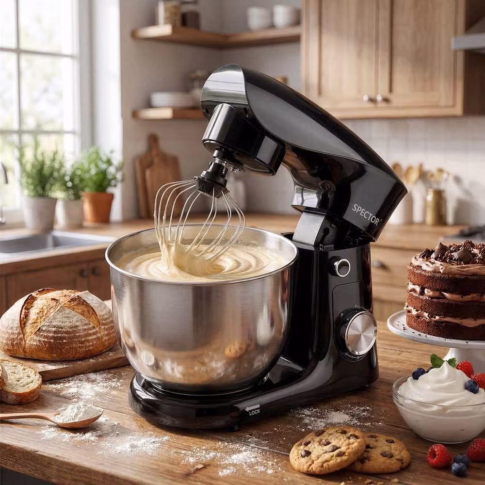 Spector 1500W Tilt-Head Electric Stand Mixer in Black with 5L and 4.5L Stainless Steel Bowls, 10-Speed Settings and Dough Hook, Whisk and Beater – 3