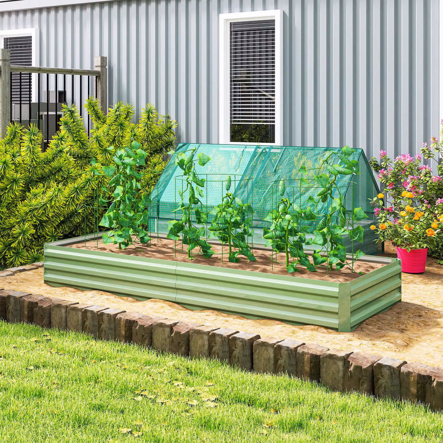 Outsunny Metal Raised Garden Bed Planter Box in Green for Flowers, Herbs and Vegetables, W/D/H: 90.5 x 30.0 x 90.5 cm – 2