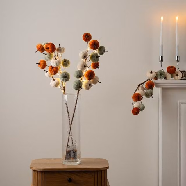 Scottish Everlastings Ltd Set of 2 Pre-lit Velvet Pumpkin Stems in Orange
