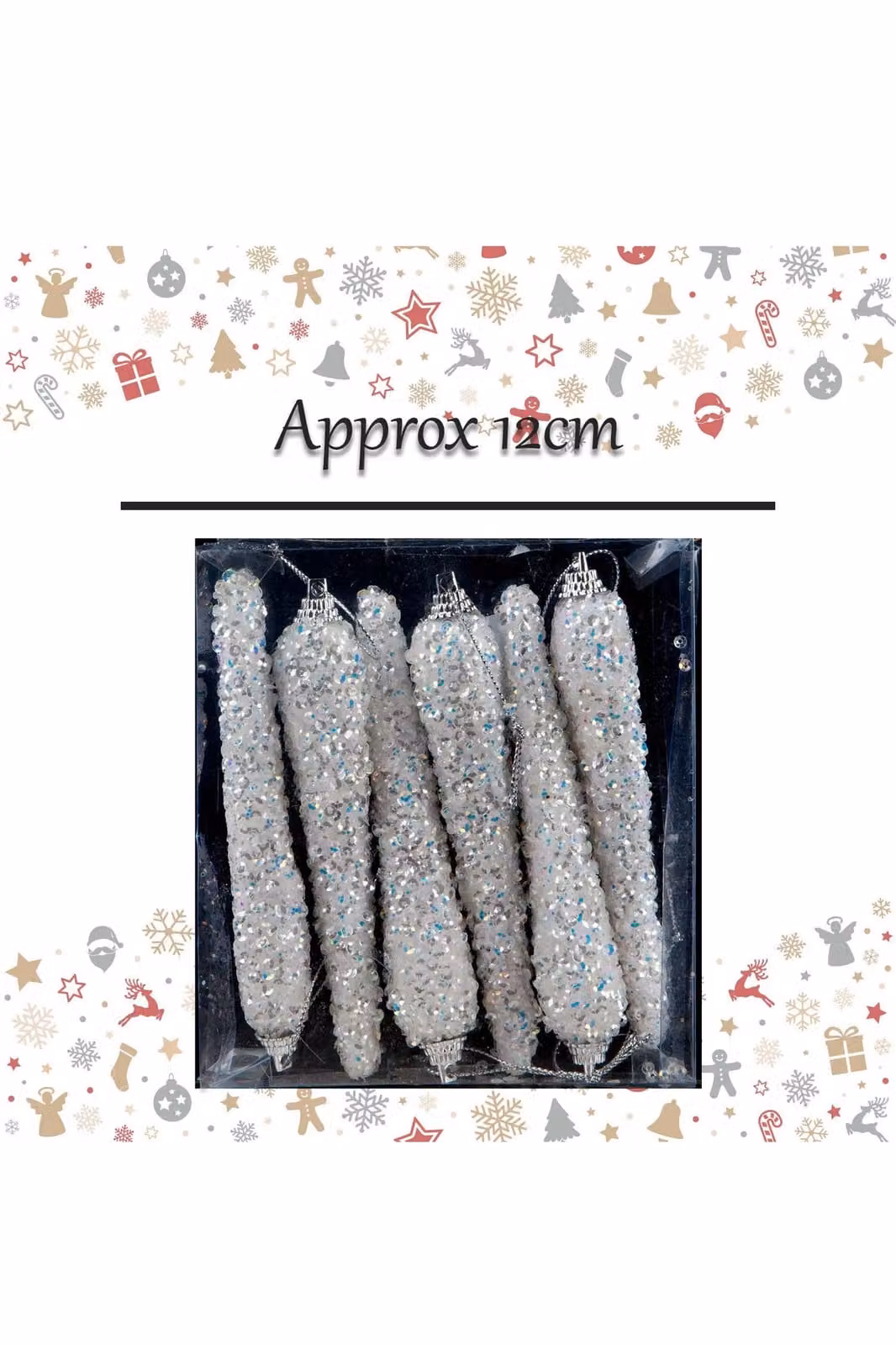 VFM e-Store Crystal Look Icicle Christmas Tree Ornaments, Pack of 6, White/Transparent, 12 cm – 2
