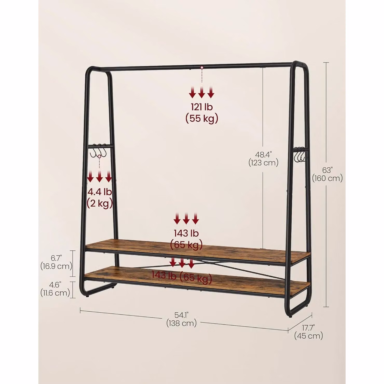 VASAGLE Industrial Bedroom Garment Rack with Shelves and Dual Hook and Rail Matrix in Brown and Black, W/D/H: 160 x 45 x 197 cm – 2