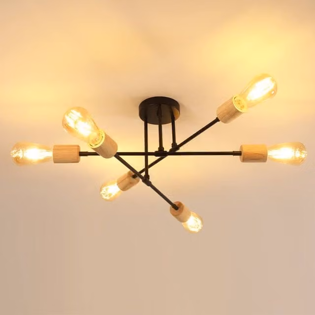 Pheashine Modern 6-Light Sputnik Ceiling Light in Black Metal and Natural Wood with E27 Sockets