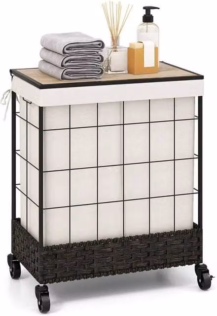 NESTLUNE Handwoven Black Laundry Hamper with Lid and Wheels, 130L Capacity, W/D/H: 67 x 42.1 x 66 cm – 1