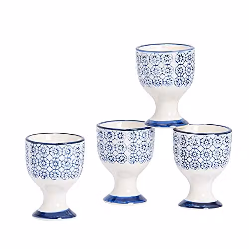 Nicola Spring Hand-Printed Floral Egg Cups, Pack of 4, Blue Stoneware – 1