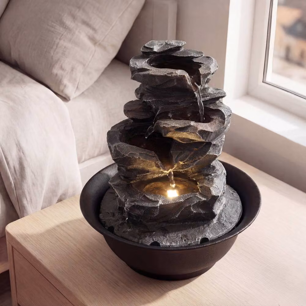 Gymax Desktop Cascading Water Fountain with LED Light in Black – 3