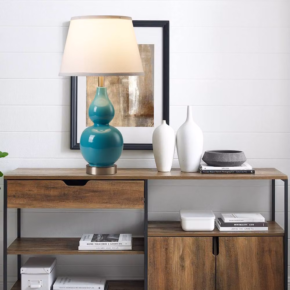 NIVOR Set of 2 Teal Ceramic Table Lamps with USB Ports and Bulbs Included, Height: 62.4 cm – 5