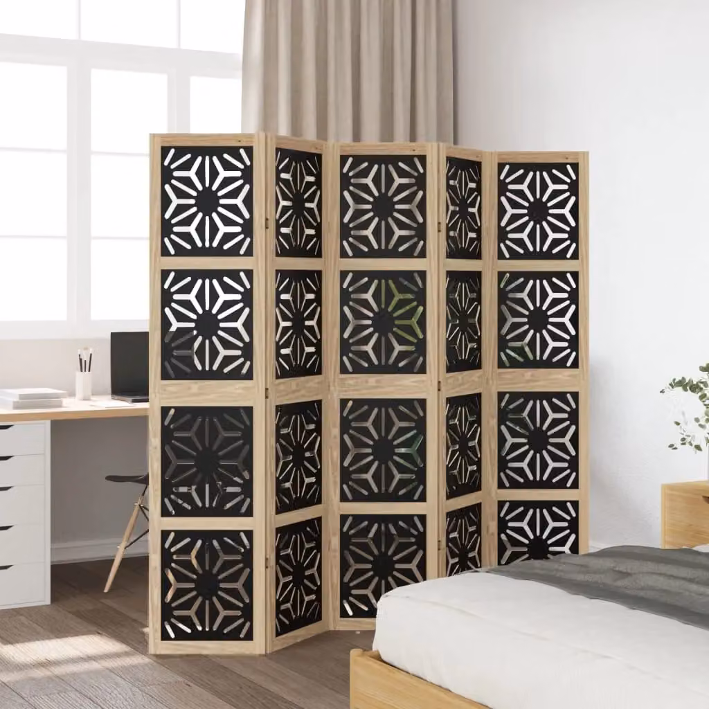 Berkfield Home 5-Panel Geometric Room Divider in Brown and Black Solid Paulownia Wood – 2