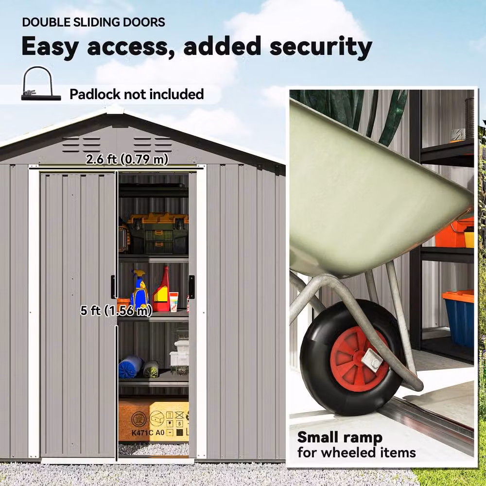 OUTSUNNY Galvanised Steel Metal Garden Shed with Sliding Doors and Side Vent, Light Grey – 4