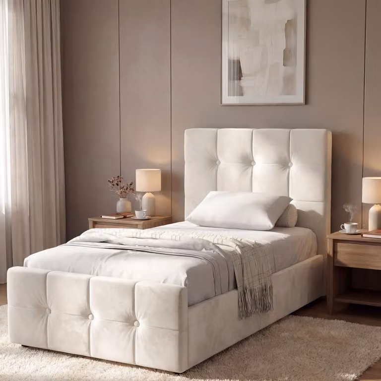 DHS Single Velvet Square Ottoman Storage Bed Frame in Beige, W/D/H: 90 x 190 cm