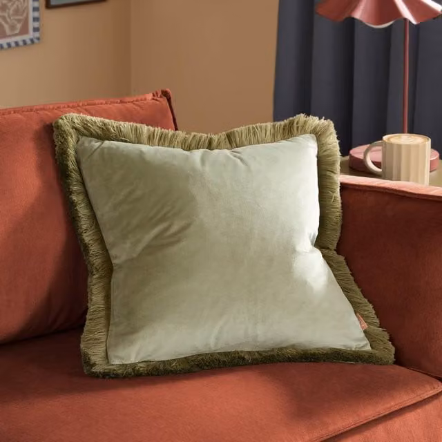 Furn Halo Fringed Velvet Cushion in Green, W/D/H: 50 x 50 x 50 cm