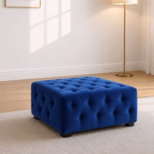 Sofaya Hampton Chesterfield Velvet Foot Stool and Coffee Table, Blue, W/D/H: 60 x 60 x 32 cm – 1