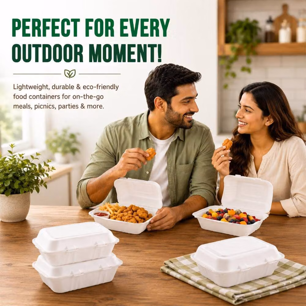 ECONX White Bagasse Clamshell Burger Boxes, 500 Piece Takeaway Food Container Set – 5