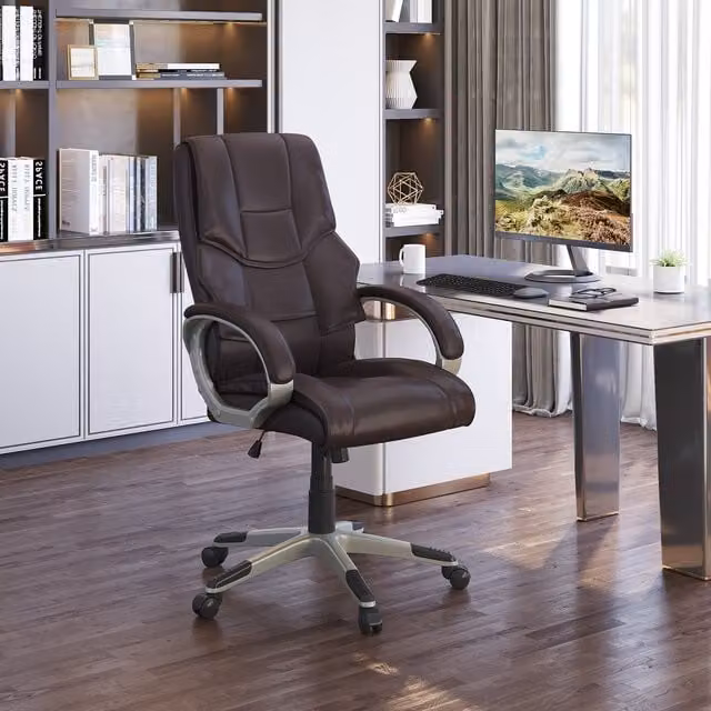 HOMCOM Brown Faux Leather Swivel Task Chair with Armrests and Castors for Home Office