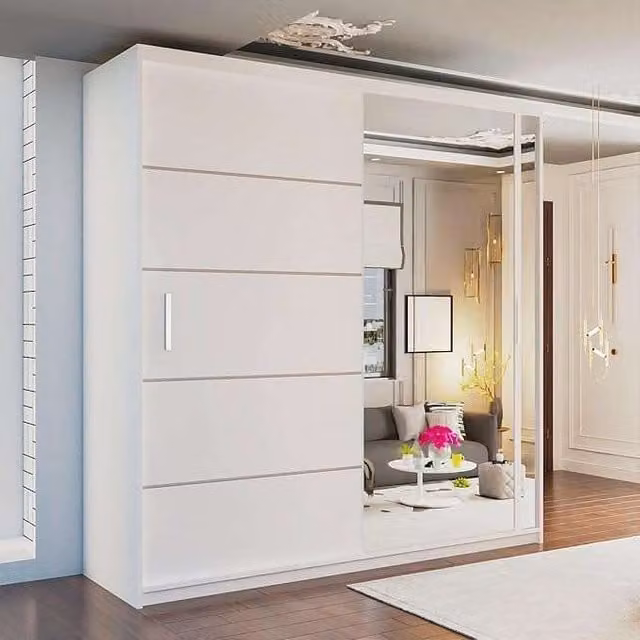 MN Furniture Modern Double Door Sliding Mirror Wardrobe with Integrated LED Lighting in White, W/H: 120 x 217 cm – 1