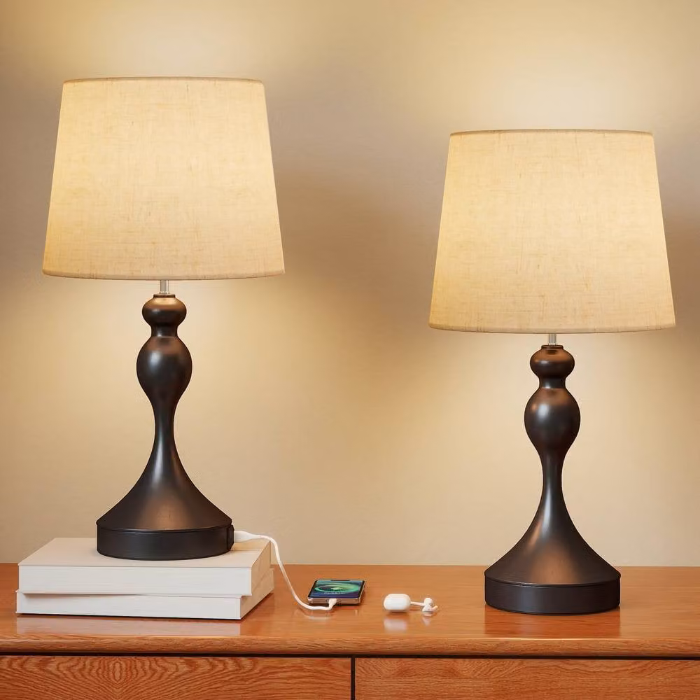 HOMCOM Set of 2 Modern Black Bedside Table Lamps with USB Ports and LED Lighting – 2