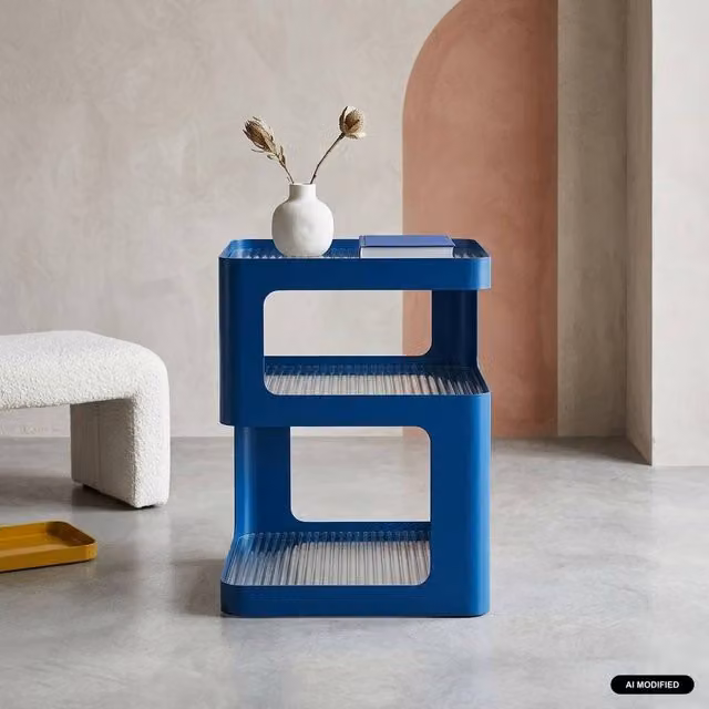 sweeek Modern Blue Side Table with Metal Frame and Ribbed Glass, W/D/H: 35 x 35 x 50 cm – 1