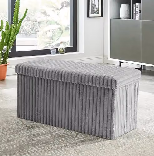 GC GAVENO CAVAILIA Large Ottoman Storage Box with Lid, Grey Striped Rectangular Footstool Bench, W: 76 cm, D: 35 cm, H: 35 cm