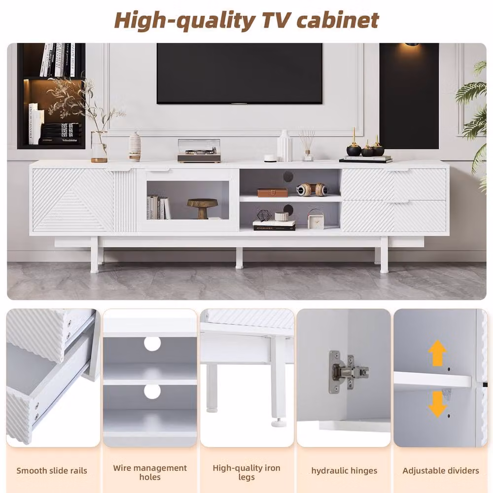 Merax Modern White TV Unit with Glass Door and Drawers, W: 200.0 cm, D: 40.0 cm, H: 50.5 cm – 3