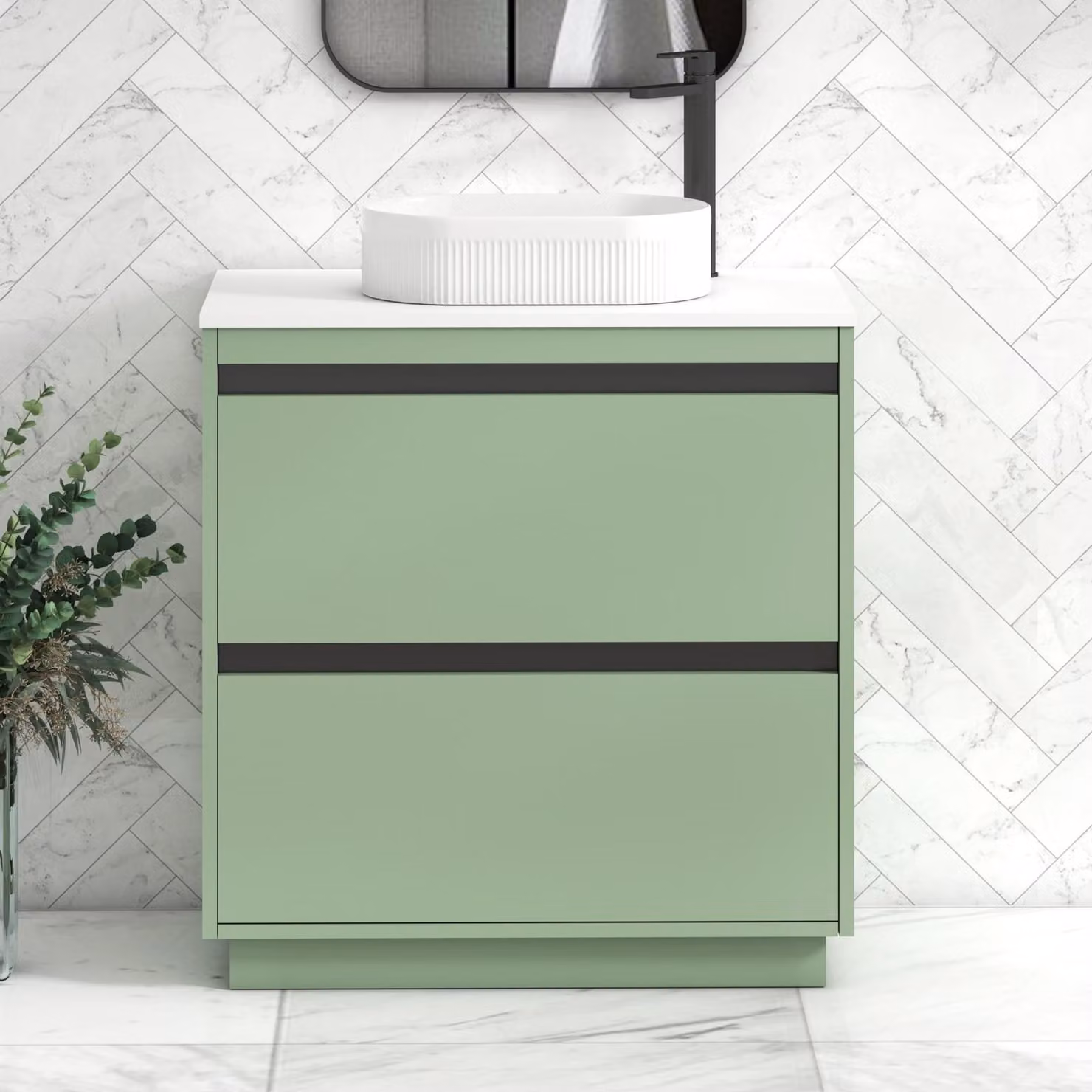Royal Bathrooms Orion 800mm Mint Sage Floor Standing 2 Drawer Vanity Unit with Lyon Basin and Black Accent Trim