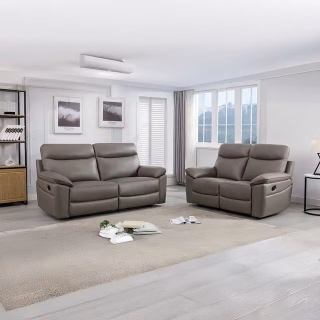 Furnishings For Less UK Austin Genuine Leather Manual Reclining Sofa Suite in Grey