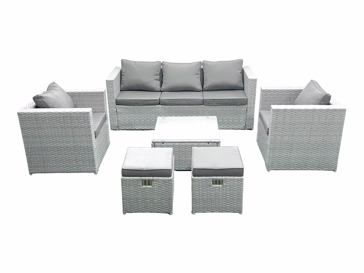 Fimous 7 Seater Rattan Garden Furniture Set in Grey with 3 Seater Sofa, 2 Armchairs, Coffee Table and 2 Ottomans – 2