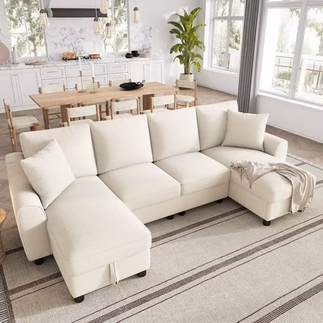 Rolipo Modern Beige Chenille U-Shaped Sectional Sofa with Storage Chaise and Scatter Cushions