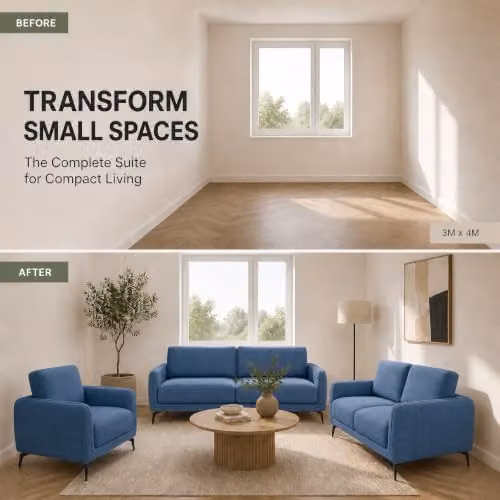 Bravich Brixton 3 Piece Blue Fabric Sofa Set with Solid Wood Frame and Foam Cushions – 5