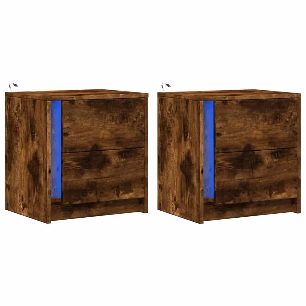 Berkfield Home Set of 2 Smoked Oak Bedside Cabinets with Integrated LED Lighting in Brown – 3