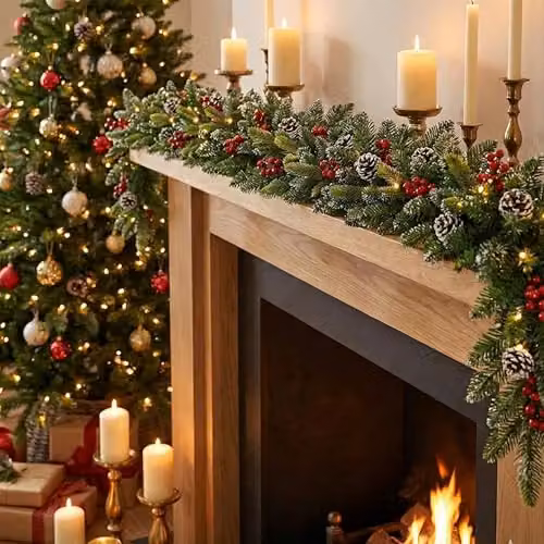 SHATCHI 2m Snow Flocked Artificial Green Christmas Garland with Warm White LED Lights, Pinecones and Red Berries – 5