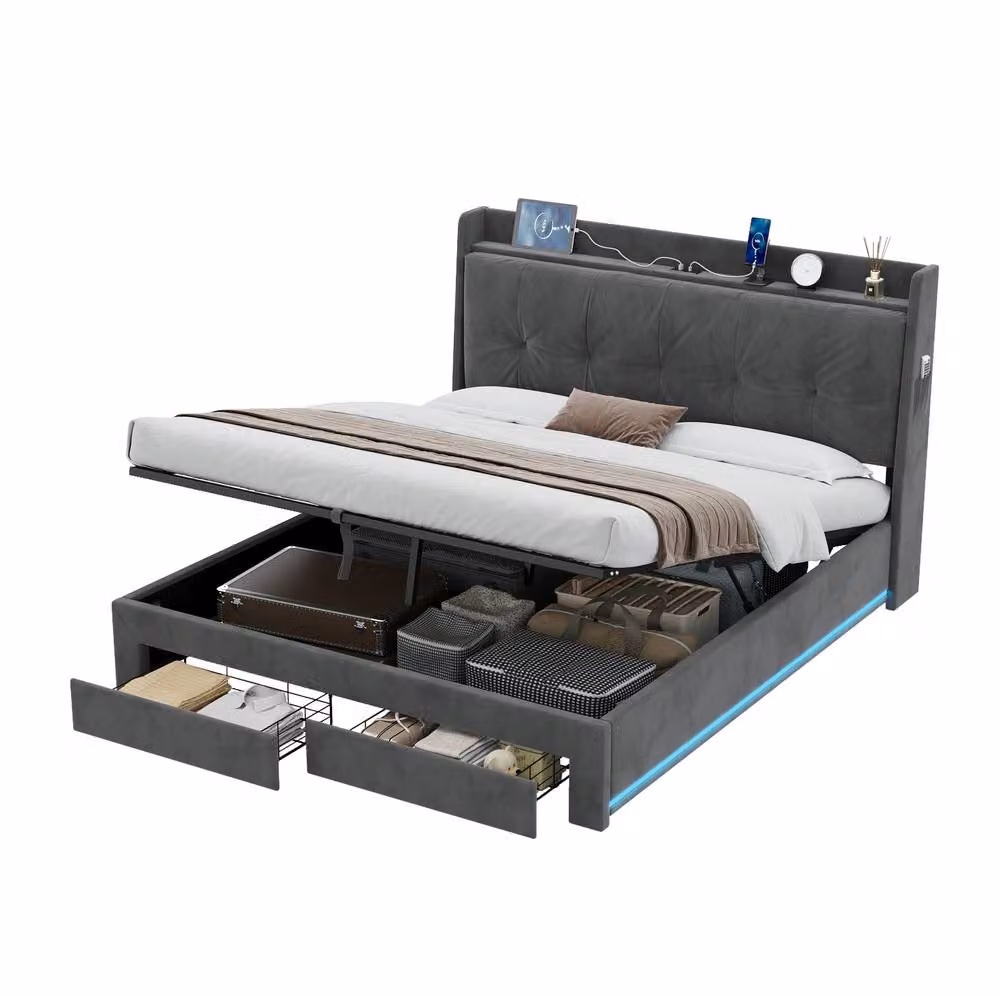 STILVORA Grey Velvet King Ottoman Bed with Under-Bed LED Lighting and USB Charging Port, W/D/H: 180 x 200 cm – 5