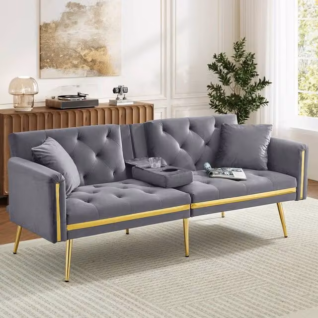 Merax Grey Velvet Sofa Bed with Gold Trim and Fold-Down Cup Holders, W: 174 cm, H: 76 cm, D: 71.5 cm – 1