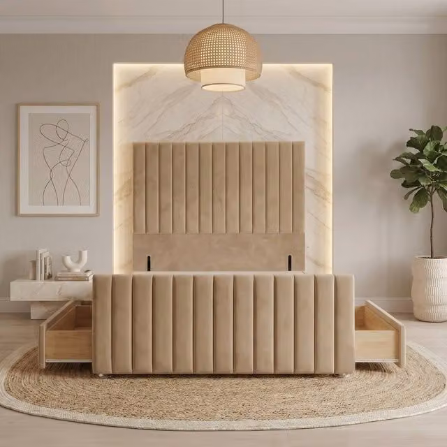 Somnior Eleanor Super King Velvet Divan Base with 4 Drawers, 54 inch Headboard and 22 inch Footboard, Beige, W/D/H: 200 x 160 x 137.16 cm