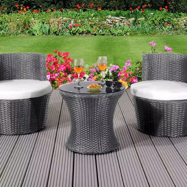 Comfy Living 3 Piece Modern Rattan Bistro Garden Furniture Set in Grey and Black